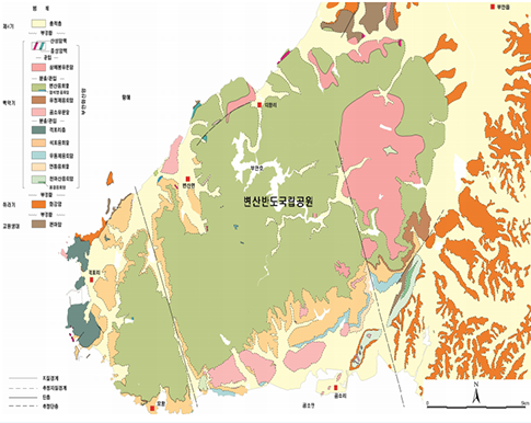 변산반도국립공원 및 주변 지질도(출처: 자연자원조사 보고서, 2018)