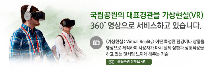 국립공원의 대표경관을 가상현실 (VR)360도 영상으로 서비스 하고 있습
니다.
(가싱현실  :  Virtual Reality) 어떤 특정한 환경이나 상황을 
영상으로 제작하여 사용자가 마치 실제상황과 상호작용을 하고
있는 것처럼 느끼게 해주는 기술  국립공원 유투브
